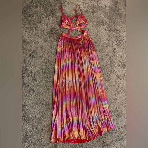 Retrofete NEW Jett Dress Rainbow Orange Ombre Red Metallic Cut Out Maxi M $675.0 - Picture 12 of 16